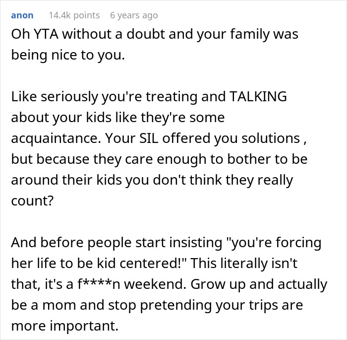A Reddit comment slamming a parent for what they say out loud about their kids. The comment criticizes how they treat their children.