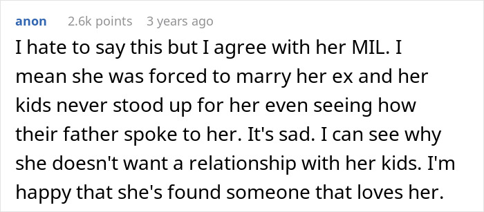 Reddit comment agreeing with MIL and her difficult past