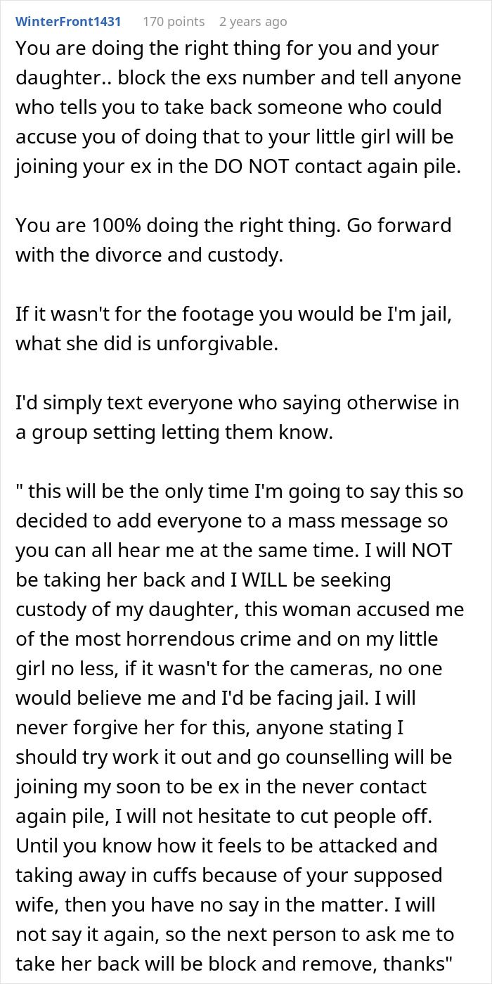 A Reddit comment section offering advice regarding a postpartum wife, custody, and fake allegations, emphasizing divorce papers.