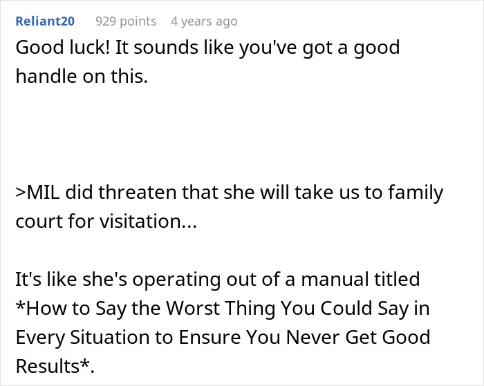 A Reddit comment discusses an unhinged MIL disowning grandchild and threats of family court for visitation rights.