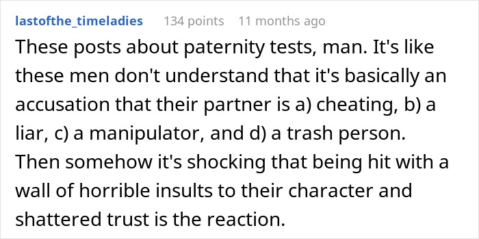 Comment about paternity test accusations and impact on trust in marriage Comment about paternity test accusations and impact on trust in marriage