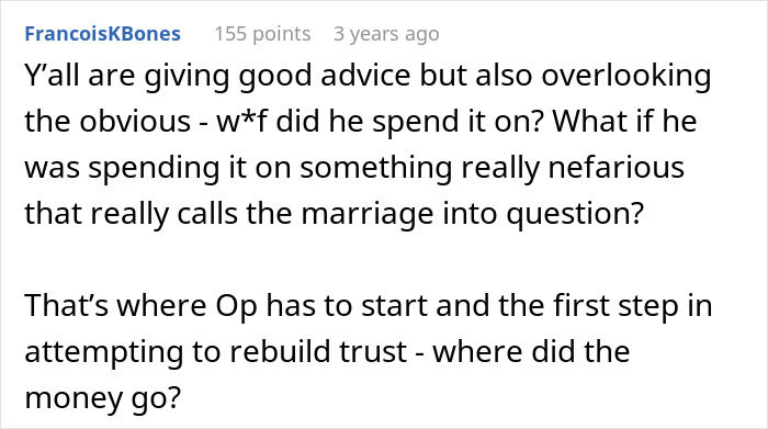 A Reddit comment discusses financial nightmares and a possible second family, questioning how money was spent to rebuild trust.