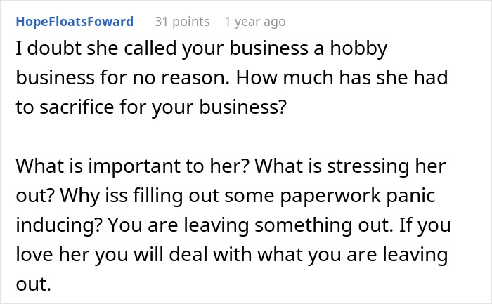 A comment on a post about a wife dismissing her husband's successful business as a hobby. The comment questions why the wife would call it a hobby and what she might be sacrificing.