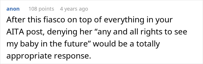 Text from an AITA post: MIL disowns grandchild, suggesting denial of visitation rights for the baby.
