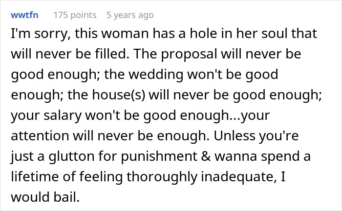 Comment stating woman's proposal demands will never be satisfied