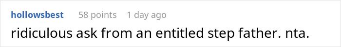 A comment: "ridiculous ask from an entitled step father. nta." relating to a wealthy woman spoiling her niece and jealous stepsiblings.