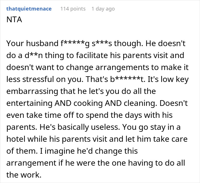 Comment criticizing husband for not supporting wife during in-laws' unsettling visits Comment criticizing husband for not supporting wife during in-laws' unsettling visits