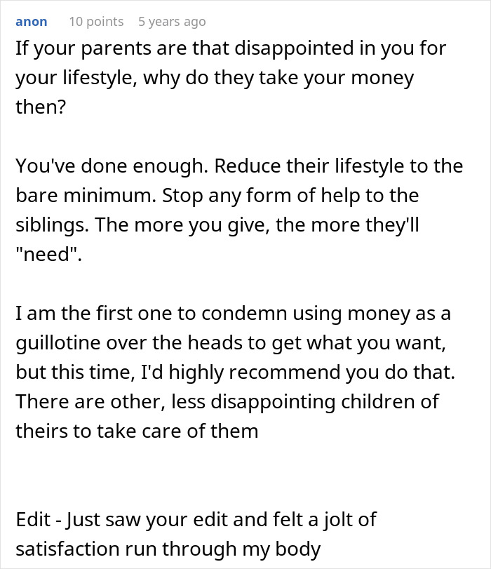 Comment suggesting limiting financial support to parents demanding money from rich daughter Comment suggesting limiting financial support to parents demanding money from rich daughter