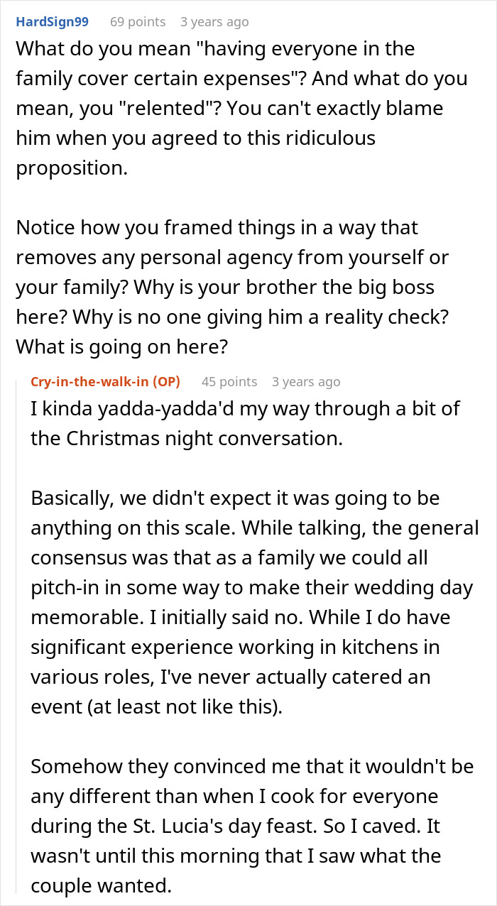 A Reddit post discussing brother's wedding, involving family money, and food preparations.