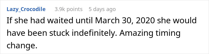 A Reddit comment by Lazy_Crocodile noting amazing timing for a woman learning to defend herself against risk.