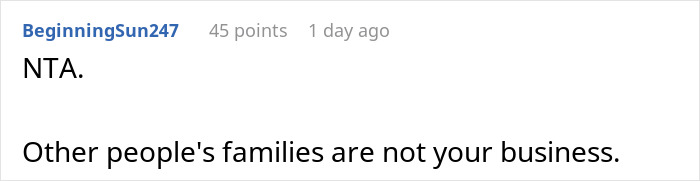 A comment on a post about a wealthy woman spoiling her niece, stating, NTA. Other people's families are not your business.