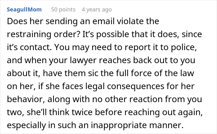A Reddit comment from SeagullMom, offering advice on dealing with an unhinged MIL by reporting email contact to the police.