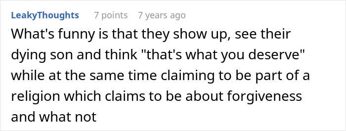 Comment criticizing family's lack of forgiveness despite religious claims