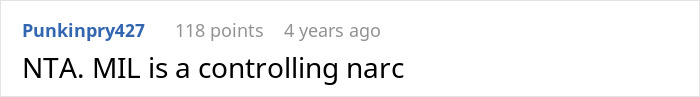 A reddit comment from Punkinpry427 saying, "NTA. MIL is a controlling narc" about disowning grandchild over circumcision.