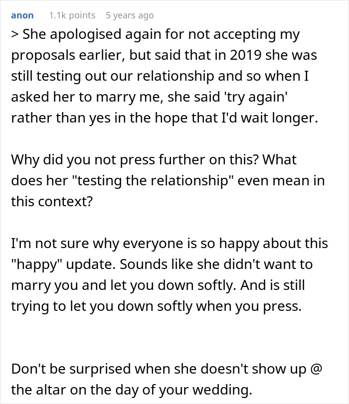 Comment about woman testing relationship and hesitance to marry after proposals