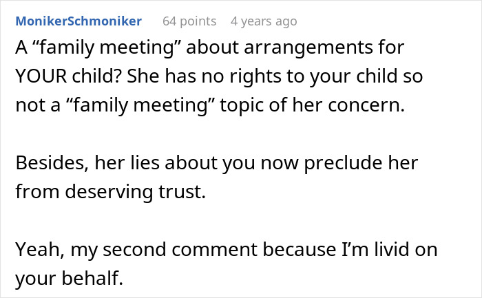 A Reddit comment from MonikerSchmoniker, 4 years ago, discussing a mother-in-law disowning a grandchild over circumcision.