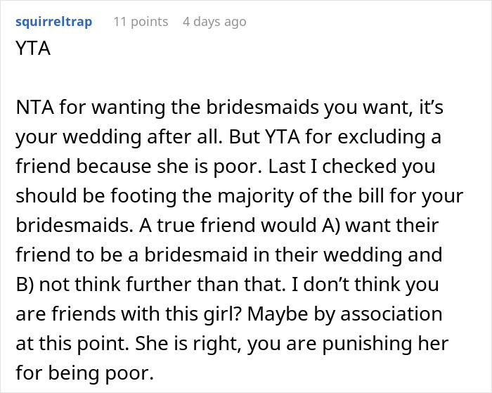 Comment condemns excluding a bridesmaid due to poverty Comment condemns excluding a bridesmaid due to poverty