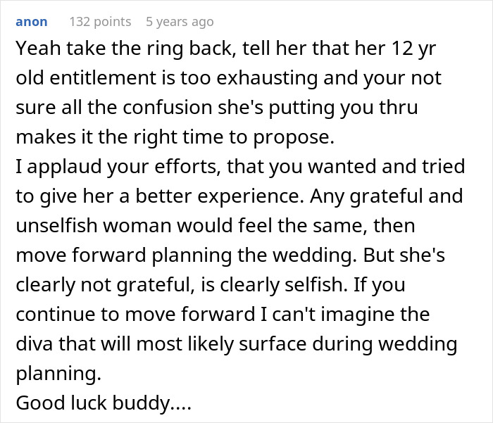 Comment about exhausting entitlement and selfishness in proposal story
