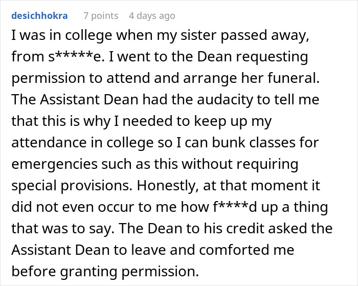 Student denied permission to attend sister's funeral by assistant dean but later allowed