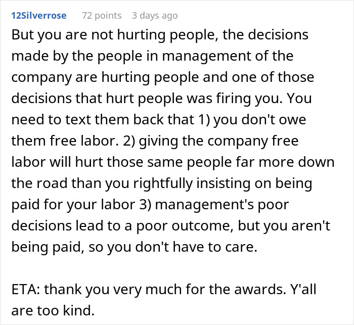 A Reddit post advises a developer who was a budget burden not to do free labor after their system broke without him.