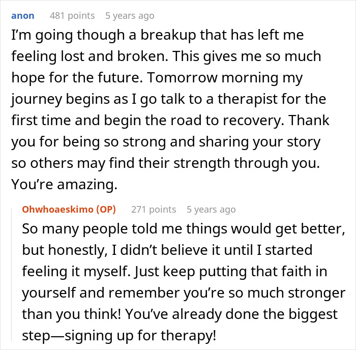 Encouraging comments on recovery and therapy after breakup from He Chose Her story