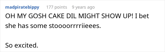 User excited about potential appearance of daughter-in-law related to cake User excited about potential appearance of daughter-in-law related to cake