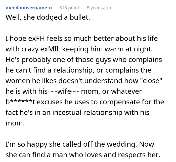 Comment glad woman called off wedding and criticized ex and his mother Comment glad woman called off wedding and criticized ex and his mother