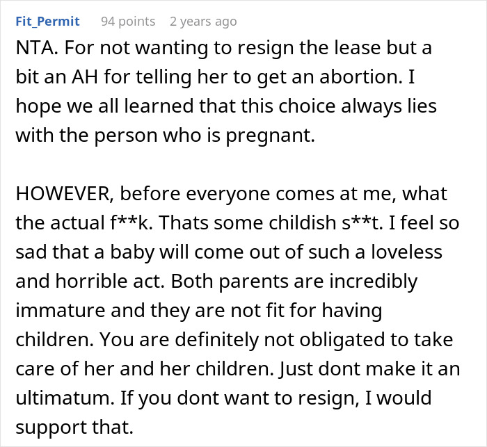 Reddit comment on lease resignation and abortion advice controversy