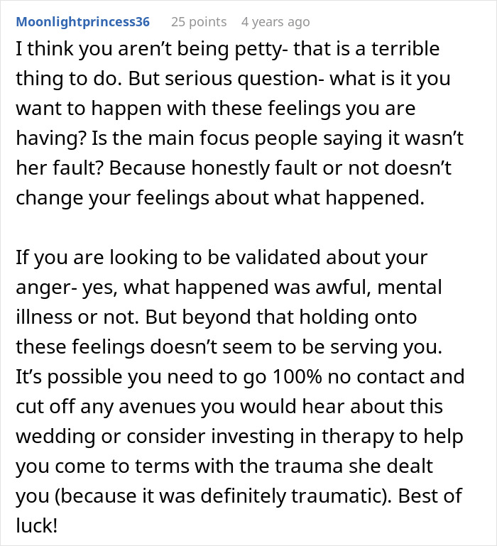 Reddit comment advising on anger management and therapy after wedding trauma