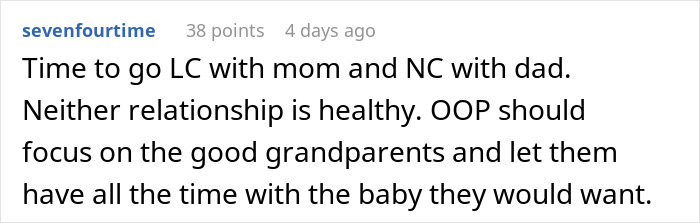 A social media comment about a daughter giving birth and the parents being furious, suggesting limiting contact with unsupportive parents.