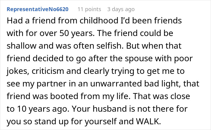 Text comment about ending friendship with selfish friends to protect spouse in marriage issues