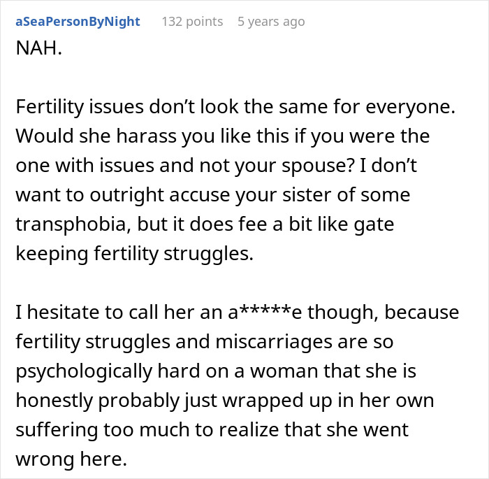 Comment considering different perspectives on fertility struggles and family conflict Comment considering different perspectives on fertility struggles and family conflict