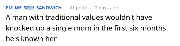 Reddit comment critiquing traditional values in context of SAHM and single mom relationships