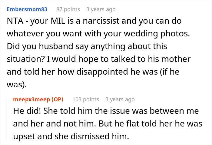 Comment calling MIL narcissist and discussing wedding photo situation Comment calling MIL narcissist and discussing wedding photo situation