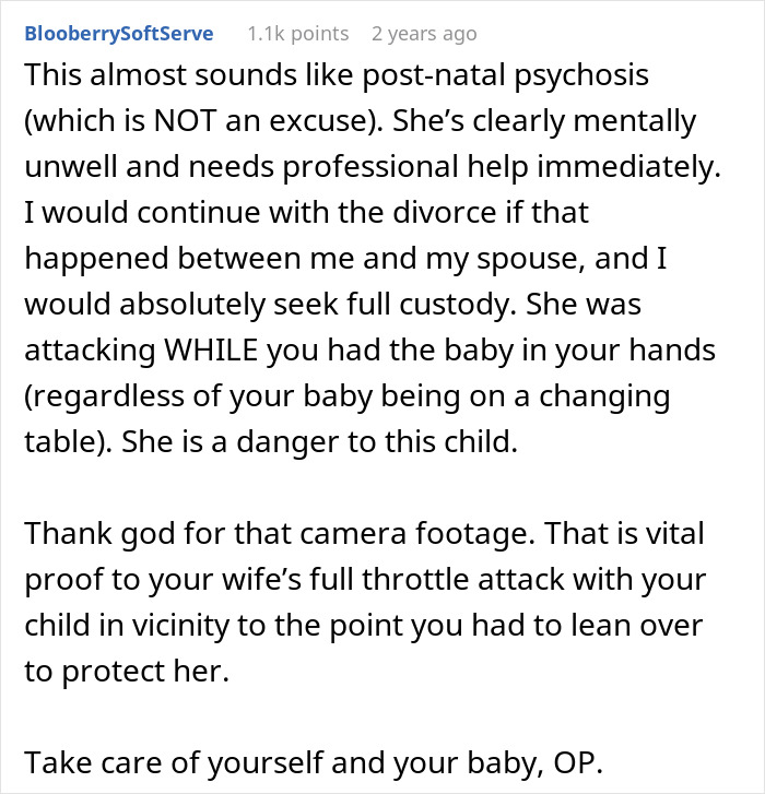 A Reddit comment suggesting professional help for a postpartum wife attacking her hubby, leading to divorce papers.