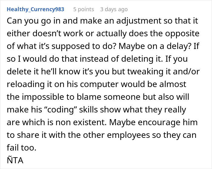 Comment suggesting to alter code so it fails and expose false authorship