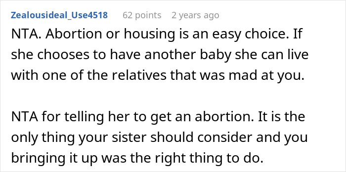 Comment supporting abortion or housing as choices for sister with second pregnancy