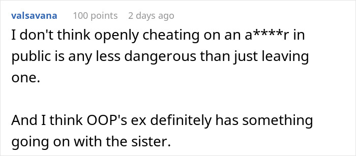 A comment from 'valsavana' on a post about a woman revealing an affair, triggering breakups in the family.
