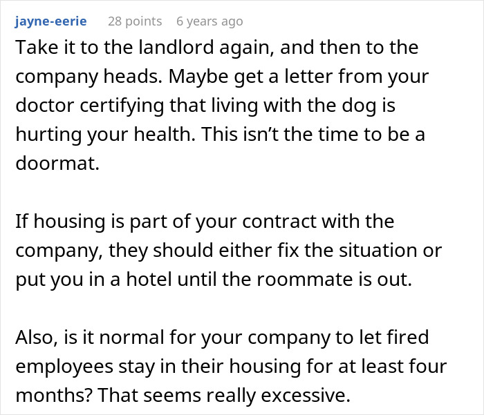 A Reddit comment with advice on handling a difficult roommate situation, emphasizing defending oneself and housing rights.
