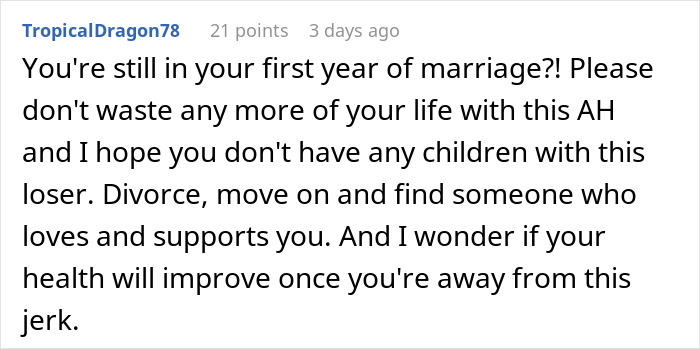 Comment advising divorce and finding supportive love in first year of marriage
