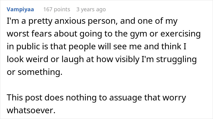A comment from an anxious person about a neighbor running, relating it to fears of being judged while exercising in public. A comment from an anxious person about a neighbor running, relating it to fears of being judged while exercising in public.