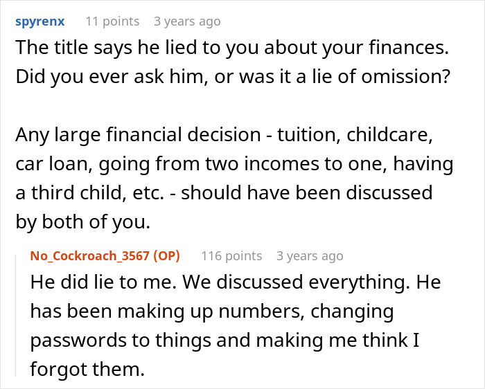 A Reddit thread about a wife's financial nightmare, discussing lies and a second family, with user comments.