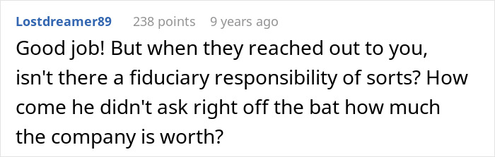 Comment questioning fiduciary responsibility and company worth in boss story Comment questioning fiduciary responsibility and company worth in boss story