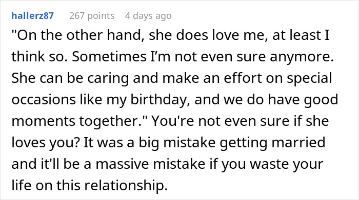 Screenshot of an online comment discussing a wife's behavior and the poster's sanity on their honeymoon.