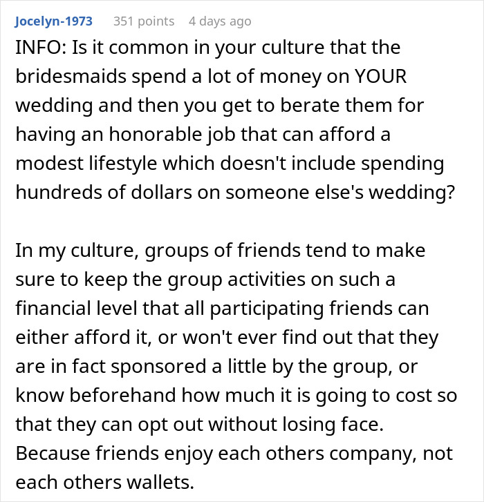 Cultural perspective on bridesmaid expenses and financial support Cultural perspective on bridesmaid expenses and financial support
