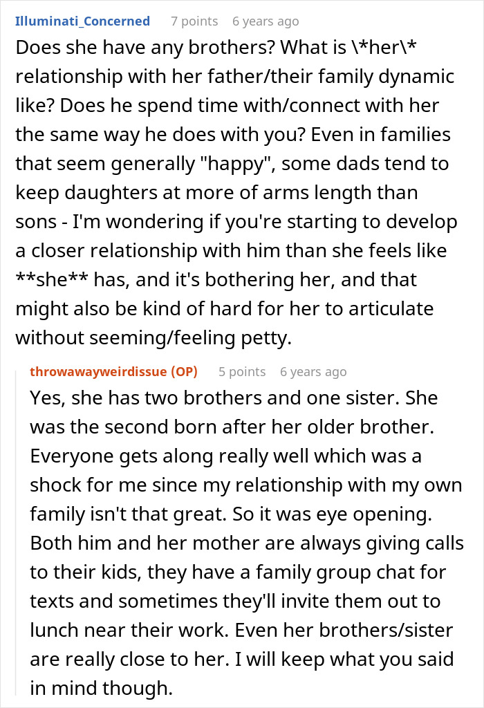 A Reddit thread discussing a man's relationship with his girlfriend's dad and family dynamic, touching on his cover-up.