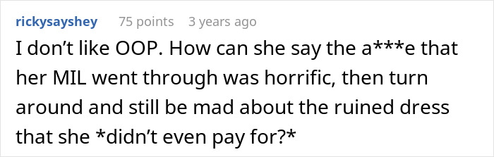 Reddit comment criticizing daughter-in-law's reaction to $60K wedding dress damage