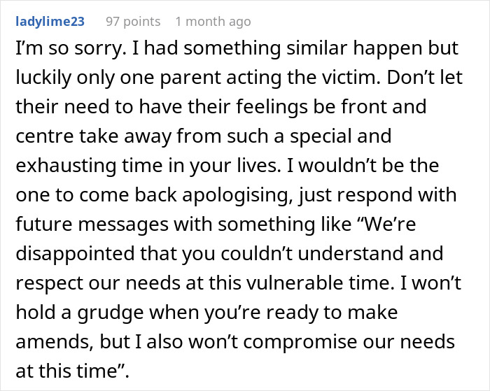 A Reddit comment advises a daughter on setting boundaries with furious parents after giving birth, prioritizing her needs.