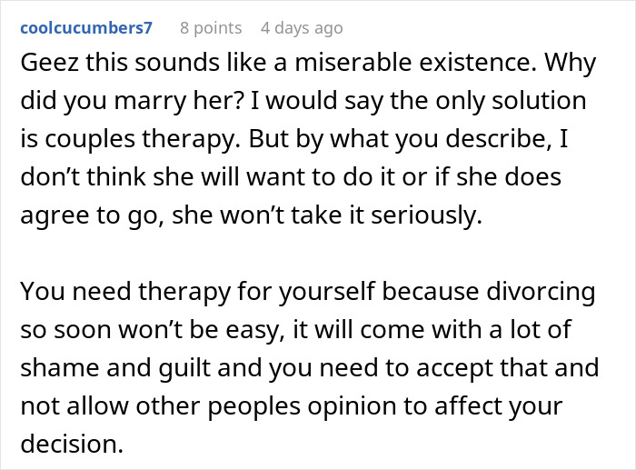 A Reddit comment suggests therapy for a guy whose wife behaves poorly on their honeymoon, leaving people questioning his sanity.