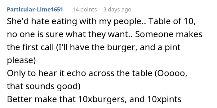 Comments discussing woman throwing a tantrum at restaurant over boyfriend's brother's order